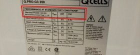 A rating label on the back of a solar panel